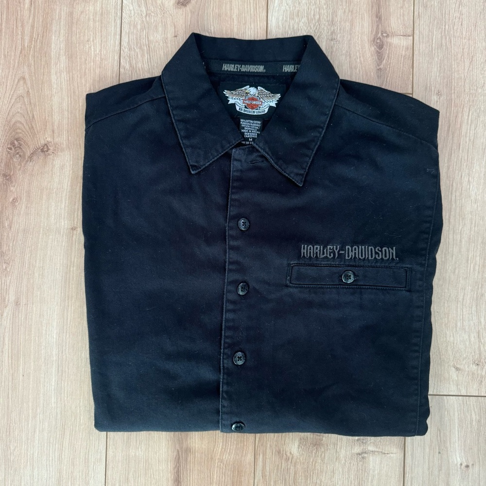 Harley Davidson Embroidered Flames Button Up Tee Shirt - Picture 3 of 7
